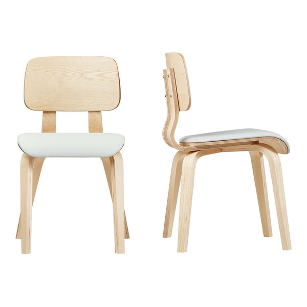 Light wood dining chair with a minimalist design and smooth white seat, showcasing natural grain patterns.