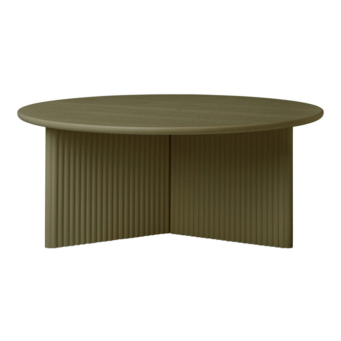 Round olive green coffee table with ribbed texture, perfect for modern decor.