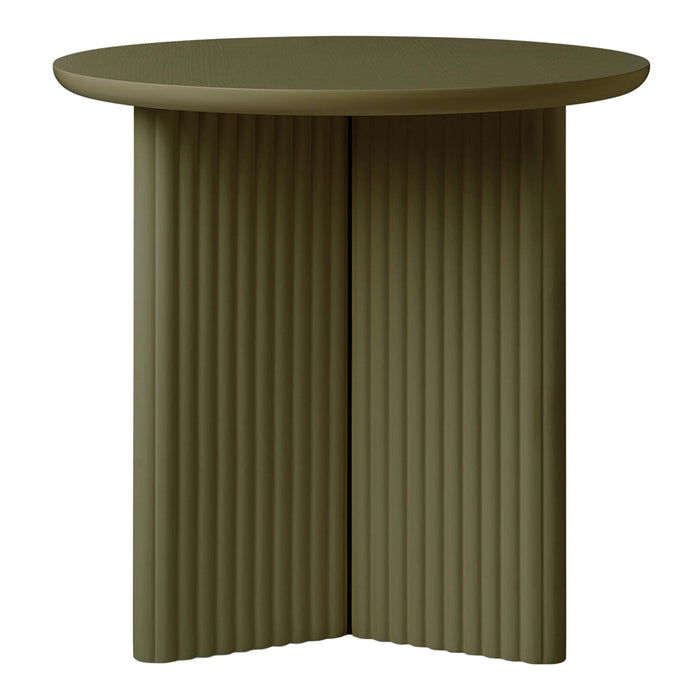 Olive green round table with vertical ribbed patterns and a sleek, modern design for stylish interiors.