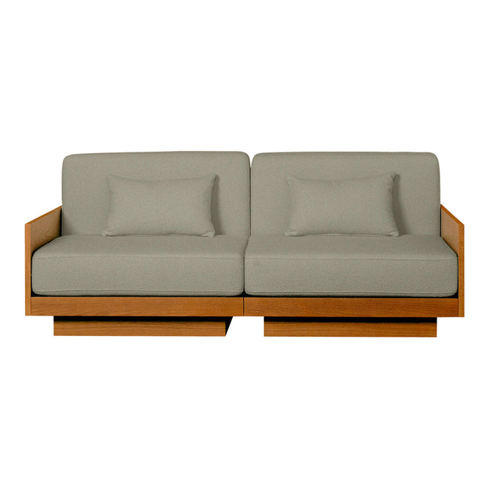 Modern gray fabric sofa with wooden accents, featuring a minimalist design and clean lines. Perfect for contemporary decor.