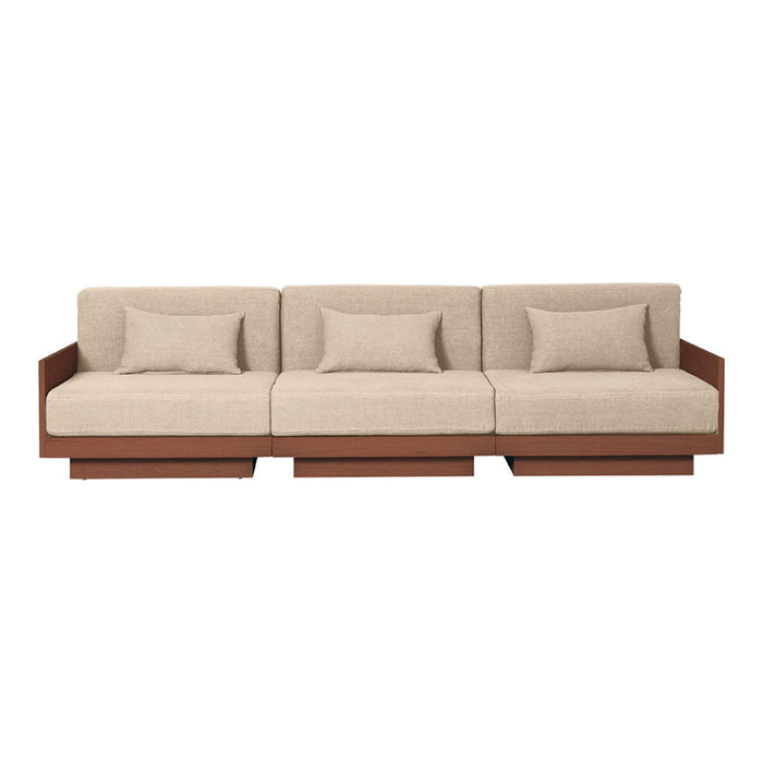 Beige upholstered sofa with a sleek brown wooden frame and matching cushions. Modern and minimalist design.