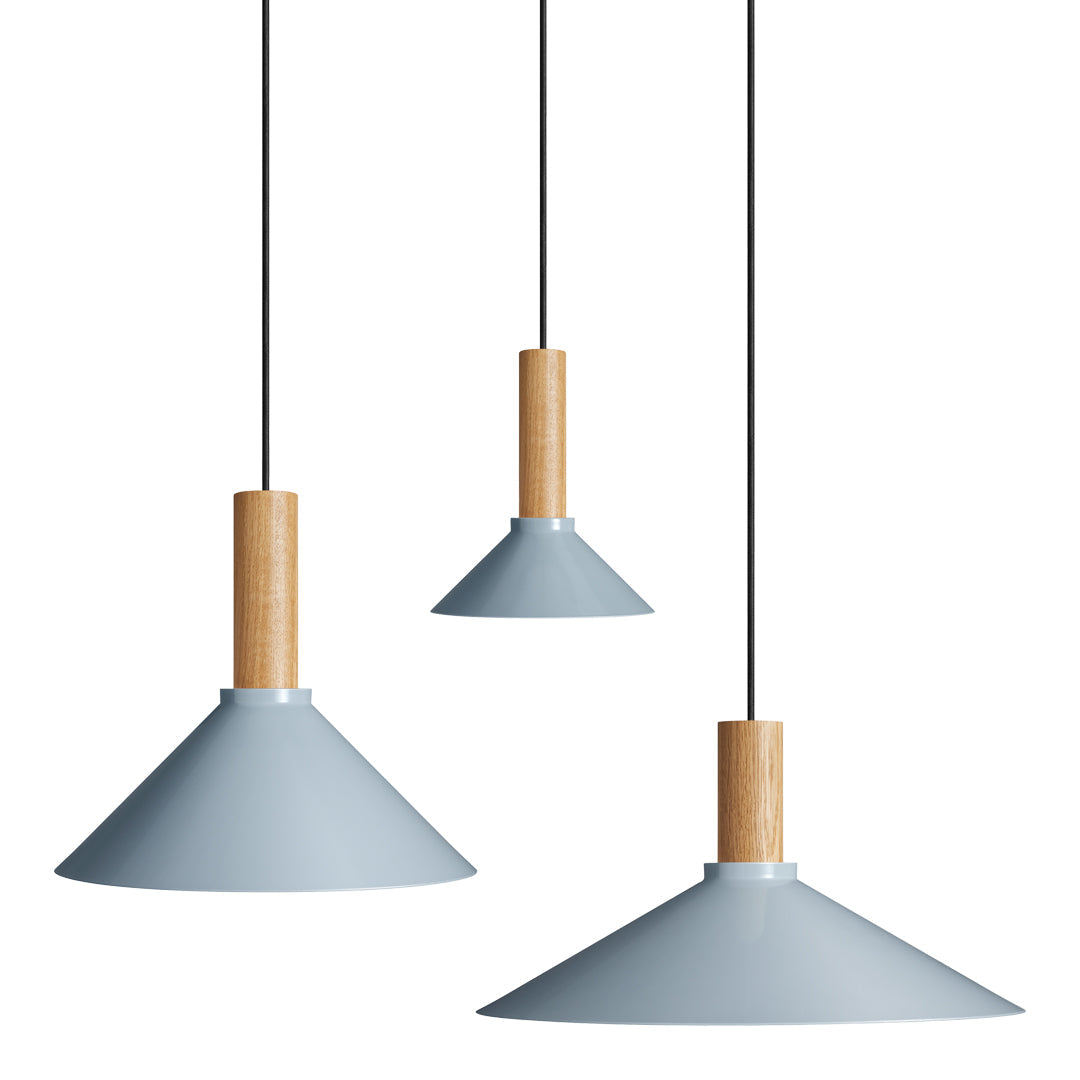 Light blue pendant lamps with wooden accents, featuring a sleek, modern design and conical shapes.
