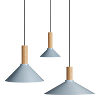 Light blue pendant lamps with wooden accents, featuring a sleek, modern design and conical shapes.