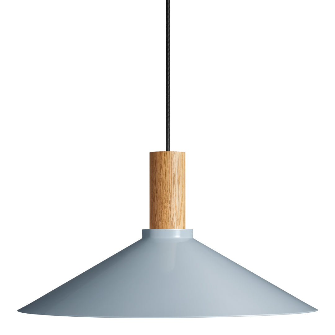 Modern gray pendant lamp with a sleek conical shade and a natural wood accent. Perfect for stylish decor.