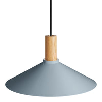 Light blue conical pendant lamp with a natural wood accent and black hanging cord. Modern and minimalist design.