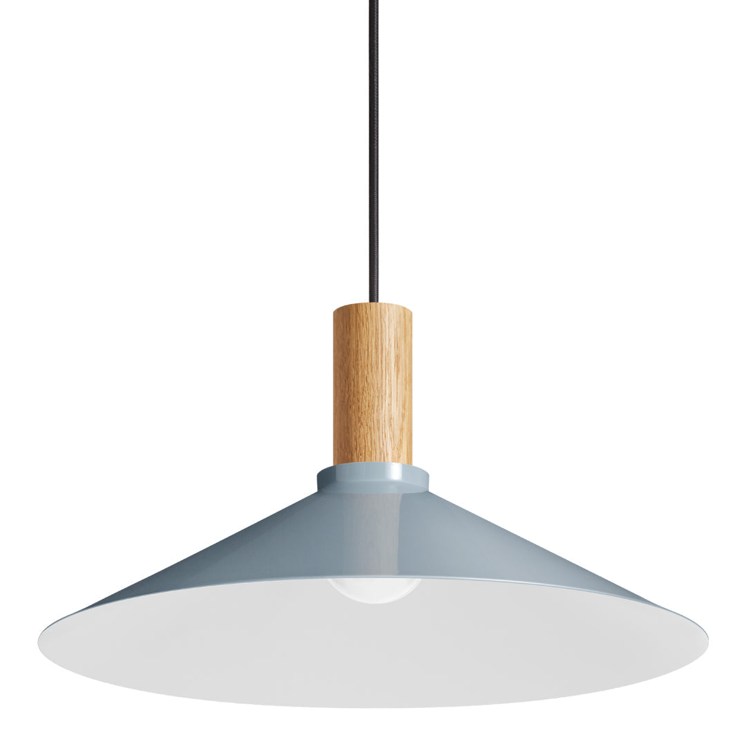 Light blue pendant lamp with a white interior and natural wood accent, featuring a sleek, modern design.
