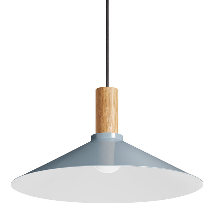 Light blue pendant lamp with a white interior and natural wood accent, featuring a sleek, modern design.