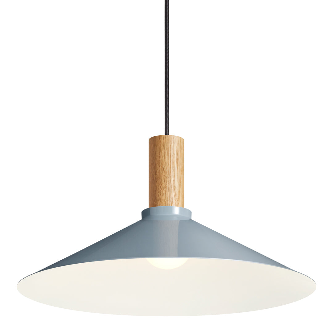 Light blue conical pendant lamp with natural wood accent and sleek black cord. Minimalist design for stylish decor.