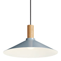 Light blue conical pendant lamp with natural wood accent and sleek black cord. Minimalist design for stylish decor.
