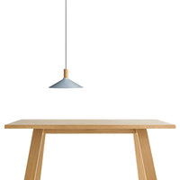 Modern pendant lamp featuring a soft blue shade and natural wood accent, suspended above a light wooden table.