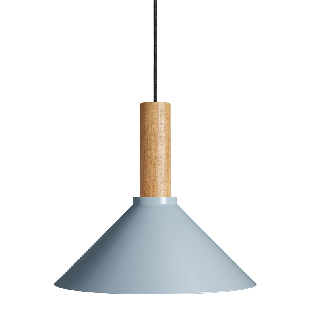 Light blue conical pendant lamp with a natural wood accent and black hanging wire, featuring a modern minimalist design.