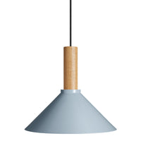 Light blue conical pendant lamp with a natural wood accent and black hanging wire, featuring a modern minimalist design.