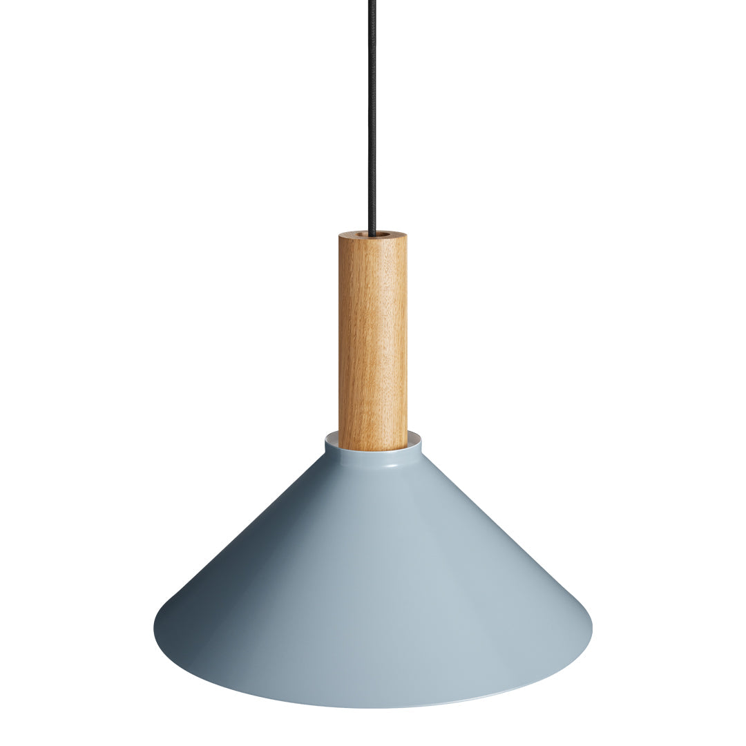 Light blue cone pendant lamp with a wooden handle and black cord, featuring a sleek, minimalist design.