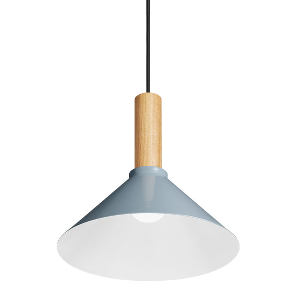 Modern pendant lamp featuring a blue metal cone shade and a natural wood accent, suspended by a sleek black cord.