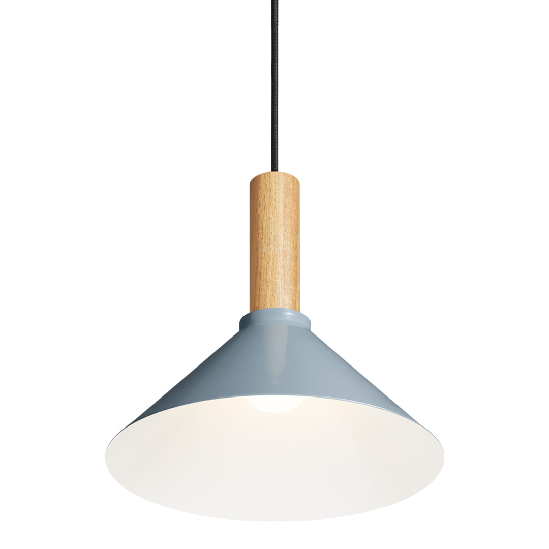 Modern pendant lamp featuring a sleek blue metal shade and a natural wood accent. Ideal for stylish decor.