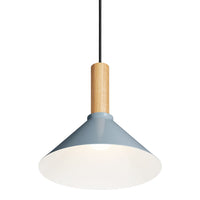 Modern pendant lamp featuring a sleek blue metal shade and a natural wood accent. Ideal for stylish decor.