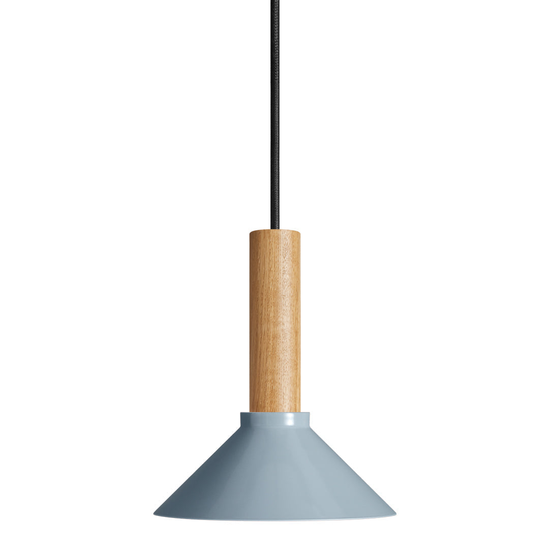 Blue conical pendant lamp with a wooden accent and black cord, perfect for modern decor.