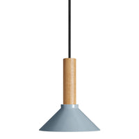 Blue conical pendant lamp with a wooden accent and black cord, perfect for modern decor.