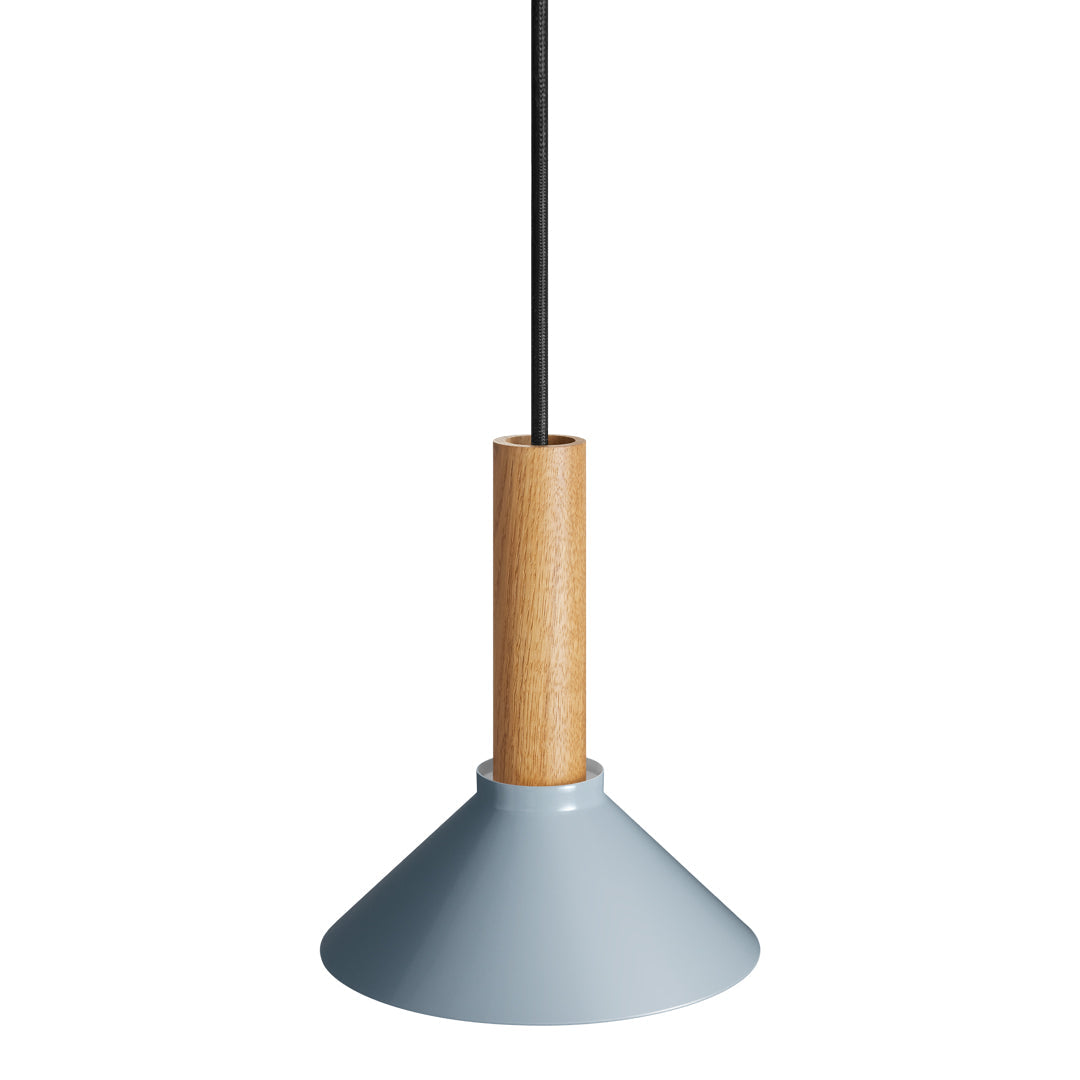 Light blue conical pendant lamp with a natural wood accent and black cord, featuring a sleek and modern design.