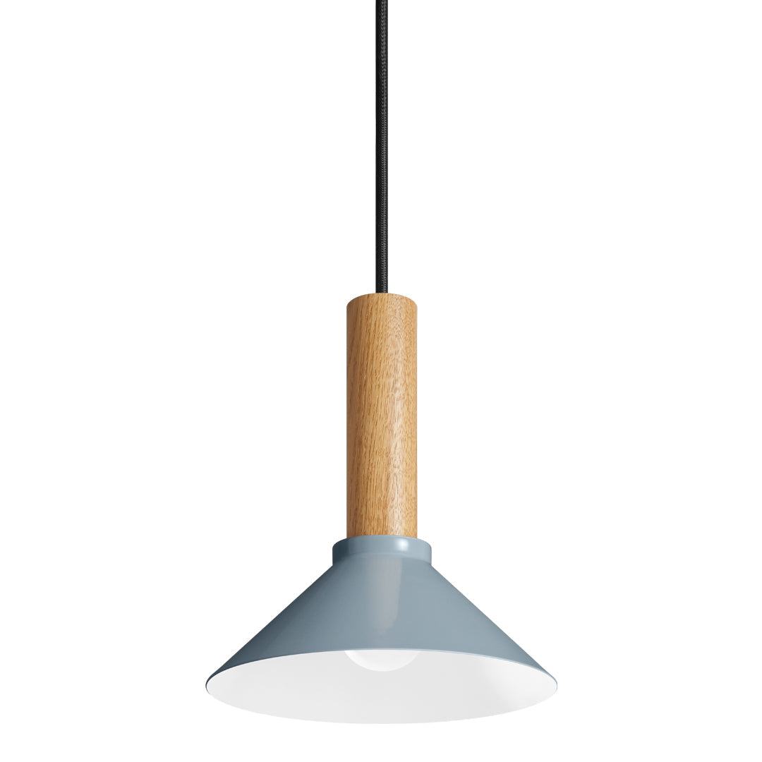 Stylish pendant lamp with a blue metal shade and natural wood accent, featuring a sleek black cord.