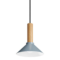 Stylish pendant lamp with a blue metal shade and natural wood accent, featuring a sleek black cord.