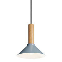 Modern pendant lamp with a soft blue shade and wooden accent, featuring a sleek black cord. Ideal for contemporary decor.