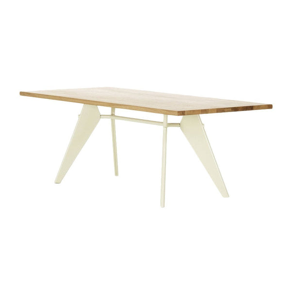 Natural wood table top with light cream metal legs, featuring a sleek, modern design and clean lines.
