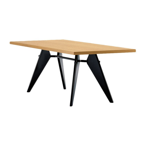 "Rectangular oak tabletop with clean wood grain, supported by sleek black metal legs."