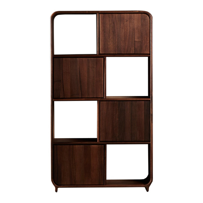 Wooden shelving unit featuring a rich walnut finish and geometric open shelving design with contrasting white spaces.