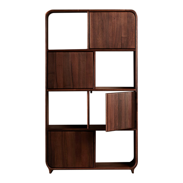 Wooden bookshelf with a rich brown finish and geometric pattern featuring open and closed compartments.