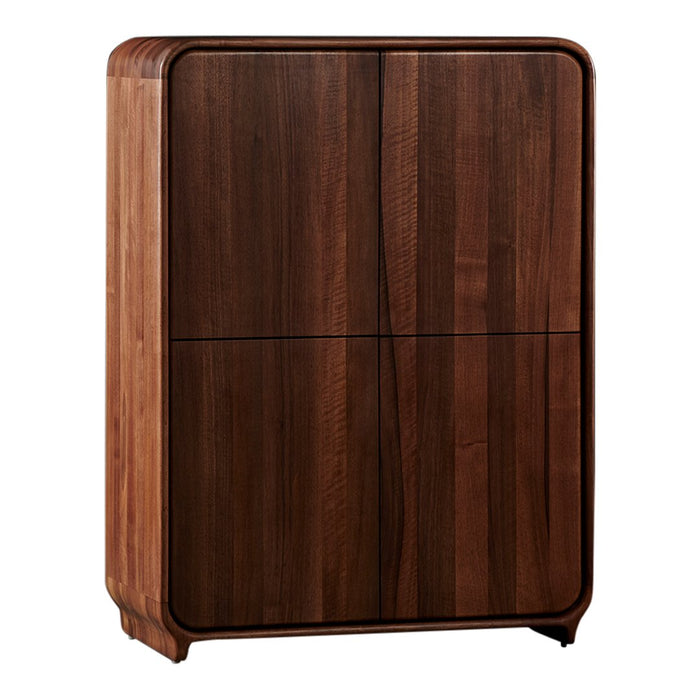 "Rich walnut wood cabinet with a smooth, modern finish and vertical grain pattern."
