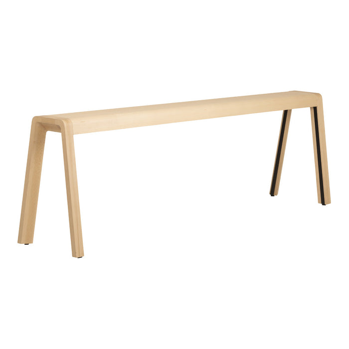 Light wood bench with minimalist design, featuring a smooth beige finish and contrasting black legs.