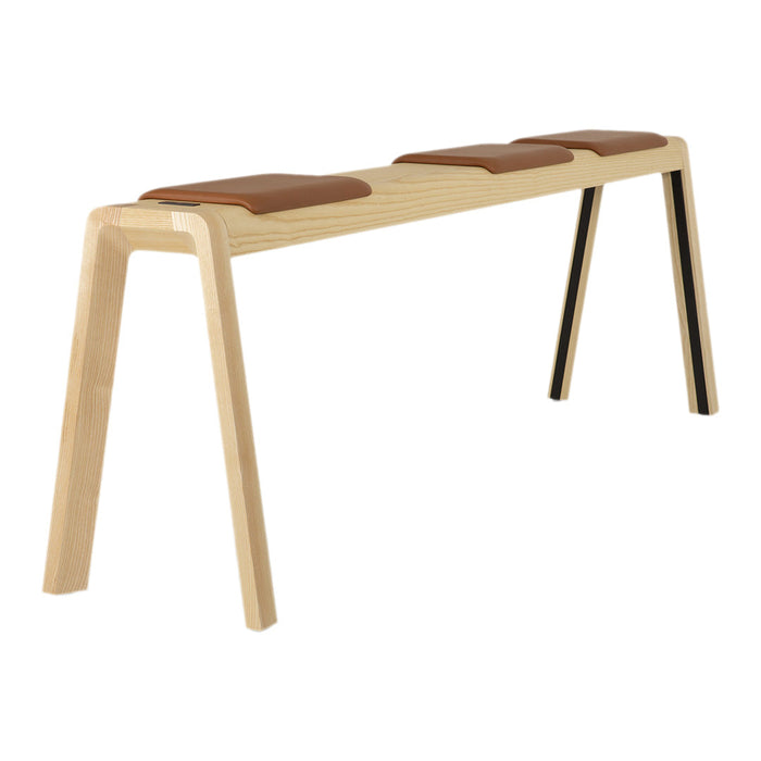 Light wood bench with a smooth natural finish and three brown leather seats, featuring minimalist design and clean lines.