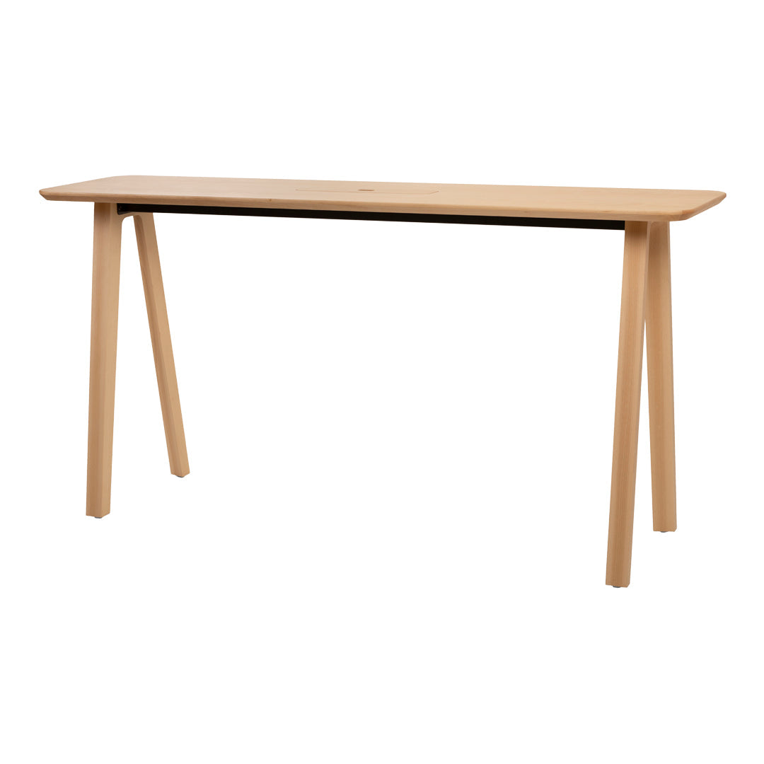 Light natural wood console table with a simple, clean design and smooth finish, featuring tapered legs.