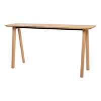 Light natural wood console table with a simple, clean design and smooth finish, featuring tapered legs.