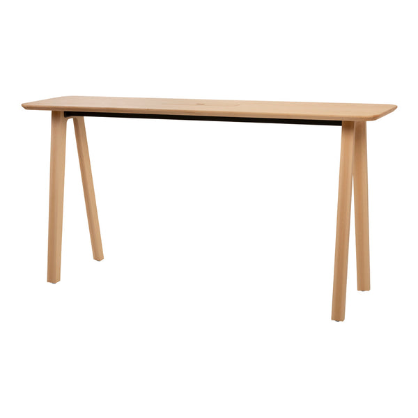Light natural wood console table with a simple, clean design and smooth finish, featuring tapered legs.