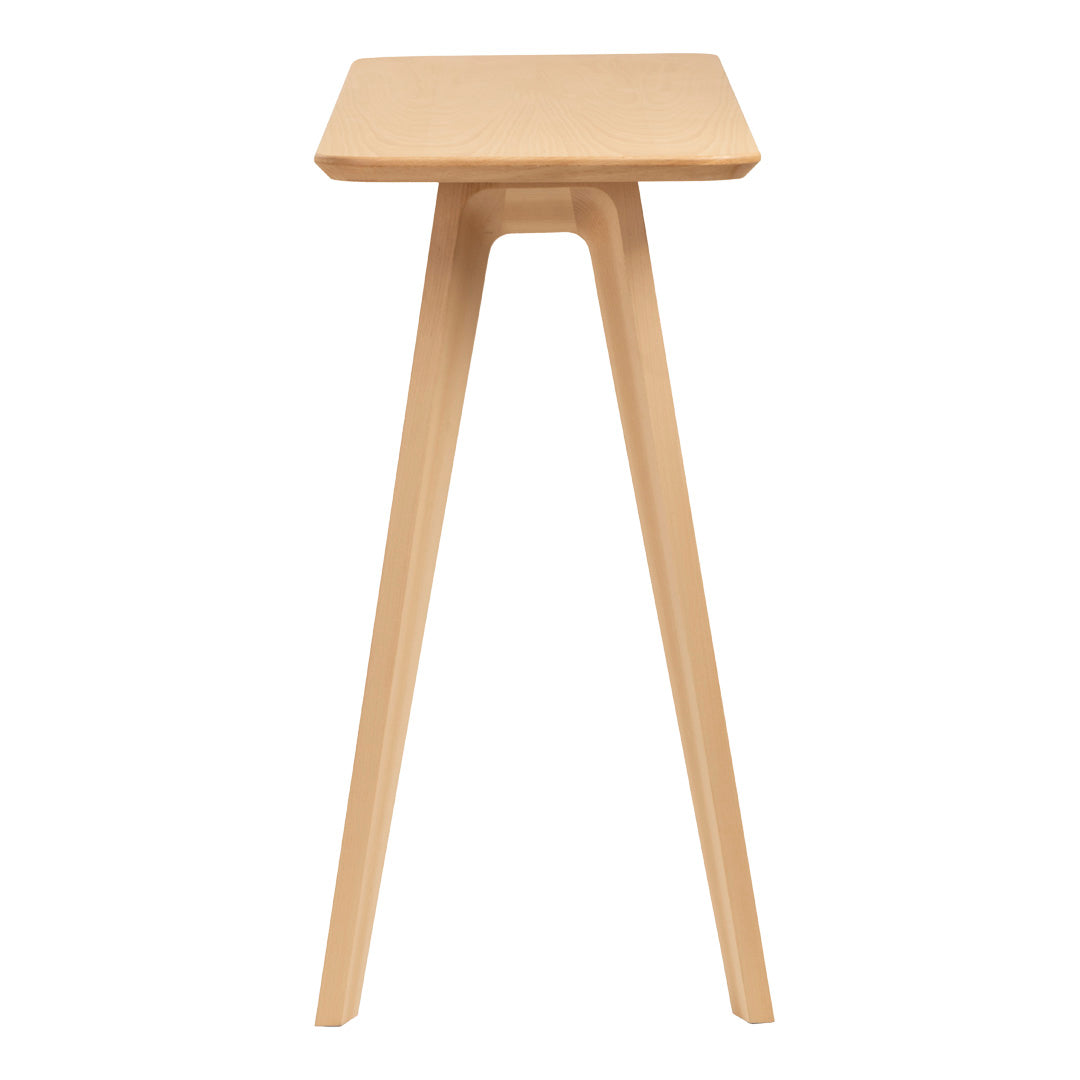 Light natural wood finish with a simple, modern design and smooth, flat tabletop. Sleek angled legs for stability.