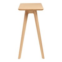 Light natural wood finish with a simple, modern design and smooth, flat tabletop. Sleek angled legs for stability.