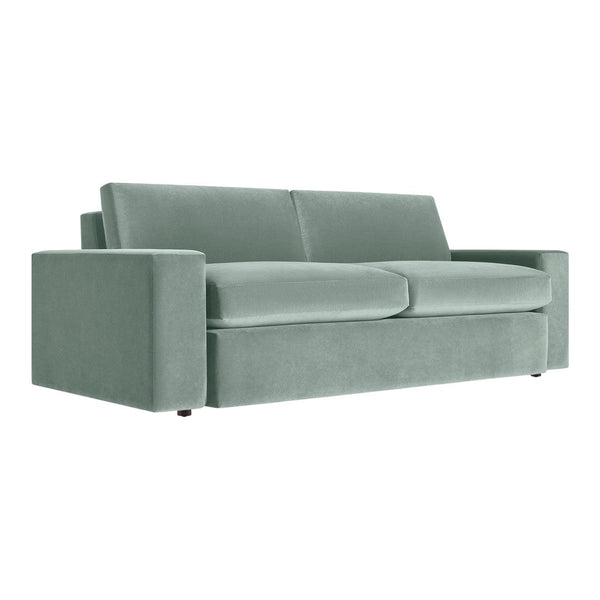 Mint green velvet sofa with a sleek, modern design and subtle, soft texture, perfect for contemporary decor.