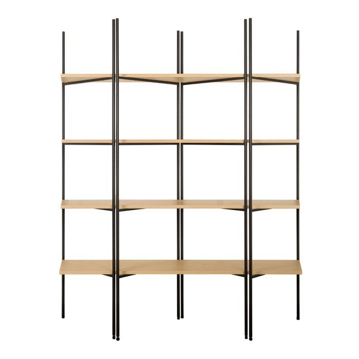 Modern shelving unit with black metal frame and light wooden shelves, featuring a sleek, minimalist design.