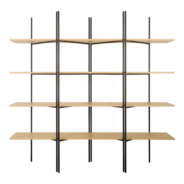 Modern black metal shelving unit with light wooden shelves in a minimalist, grid pattern. Ideal for stylish storage.