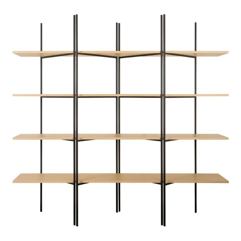 Modern black metal shelving unit with light wooden shelves in a minimalist, grid pattern. Ideal for stylish storage.