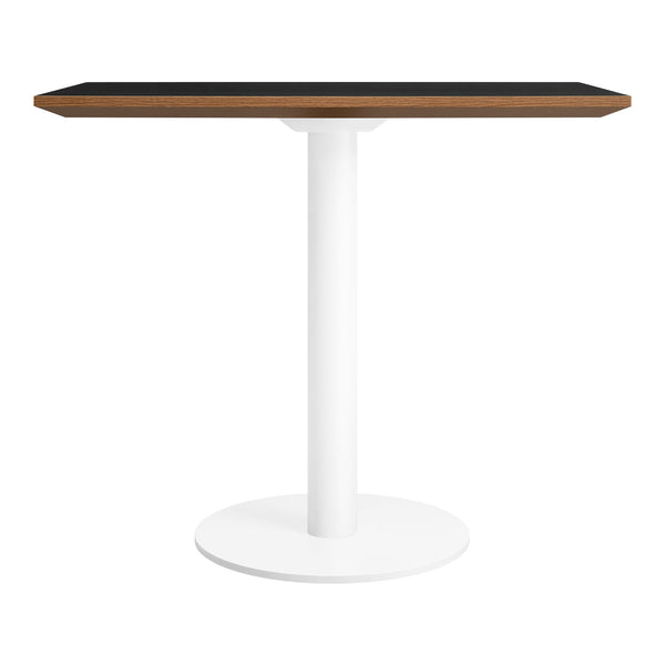 Wooden tabletop in walnut finish with sleek white pedestal base, featuring a modern minimalist design.