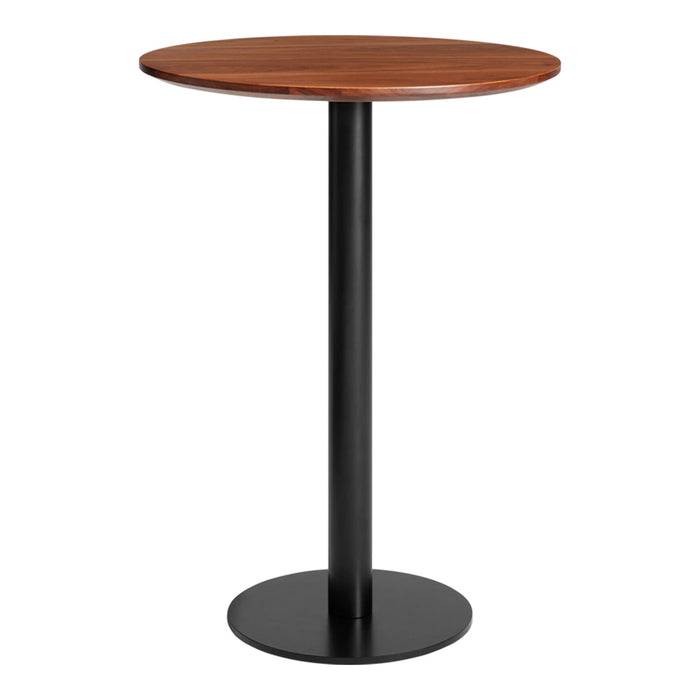 Round wood top in warm brown with sleek black metal base. Modern design for any space.