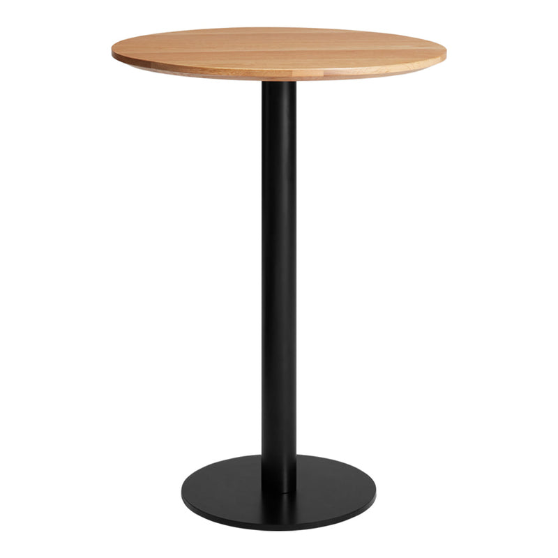 Round wooden top in natural light brown with a sleek black metal base. Minimalist design showcases simple elegance.