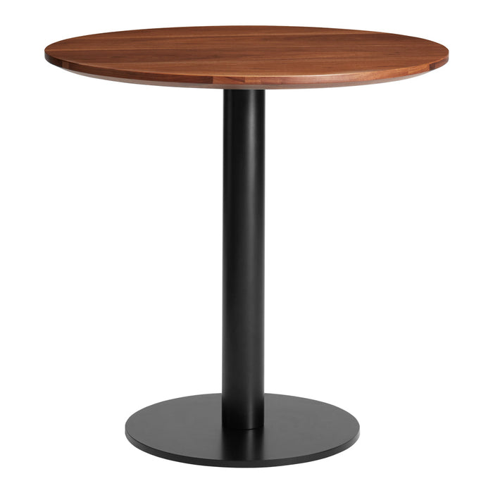 Round wooden table with a walnut finish top and a sleek black metal pedestal base. Modern and stylish design.