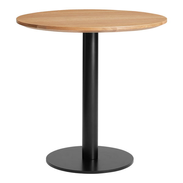 Round wooden tabletop in natural finish with a sleek black metal base. Modern minimalist design.