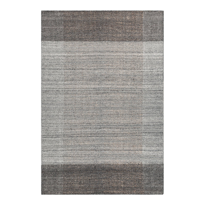 Gray area rug featuring textured stripes in varying shades of gray and taupe. Perfect for modern decor.