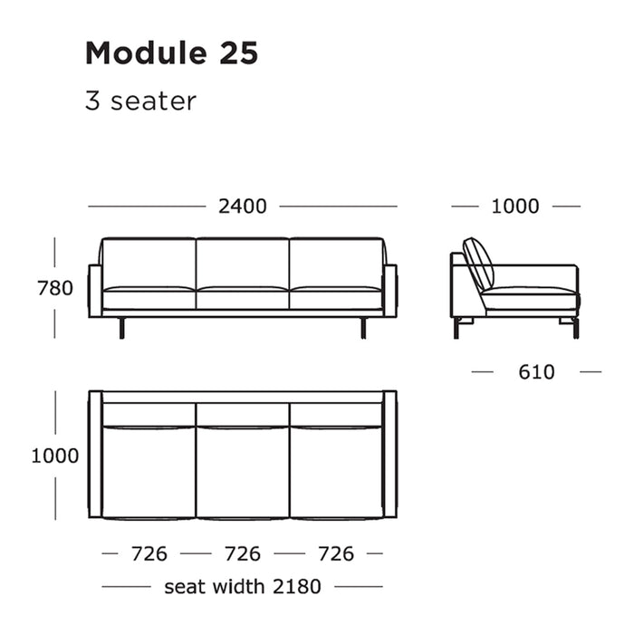 Minimalist 3-seater sofa design in neutral tones, featuring clean lines and a modern silhouette.