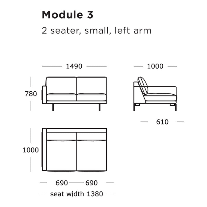 Sleek two-seater sofa in neutral tones with clean lines and minimalist design, perfect for modern spaces.